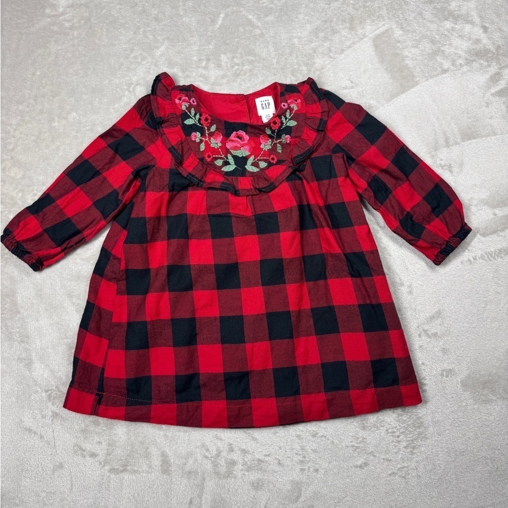Gap Embroidered Floral Red Black Buffalo Plaid Ruffle
A Line Cotton Dress 12-18M